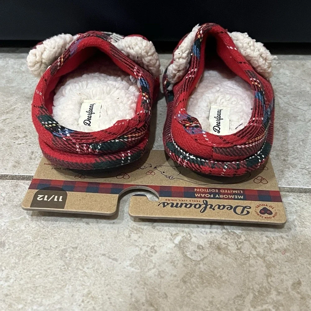 Dearfoams LIL BEAR Slippers Size 11-12 Blue White Red Plaid Child's Kid's‎ NEW